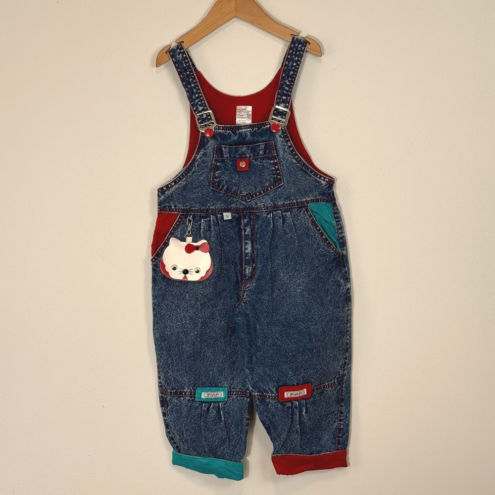 Vintage TVP Kids Acid Wash Denim Overalls Colorblock 90s Dungarees Small